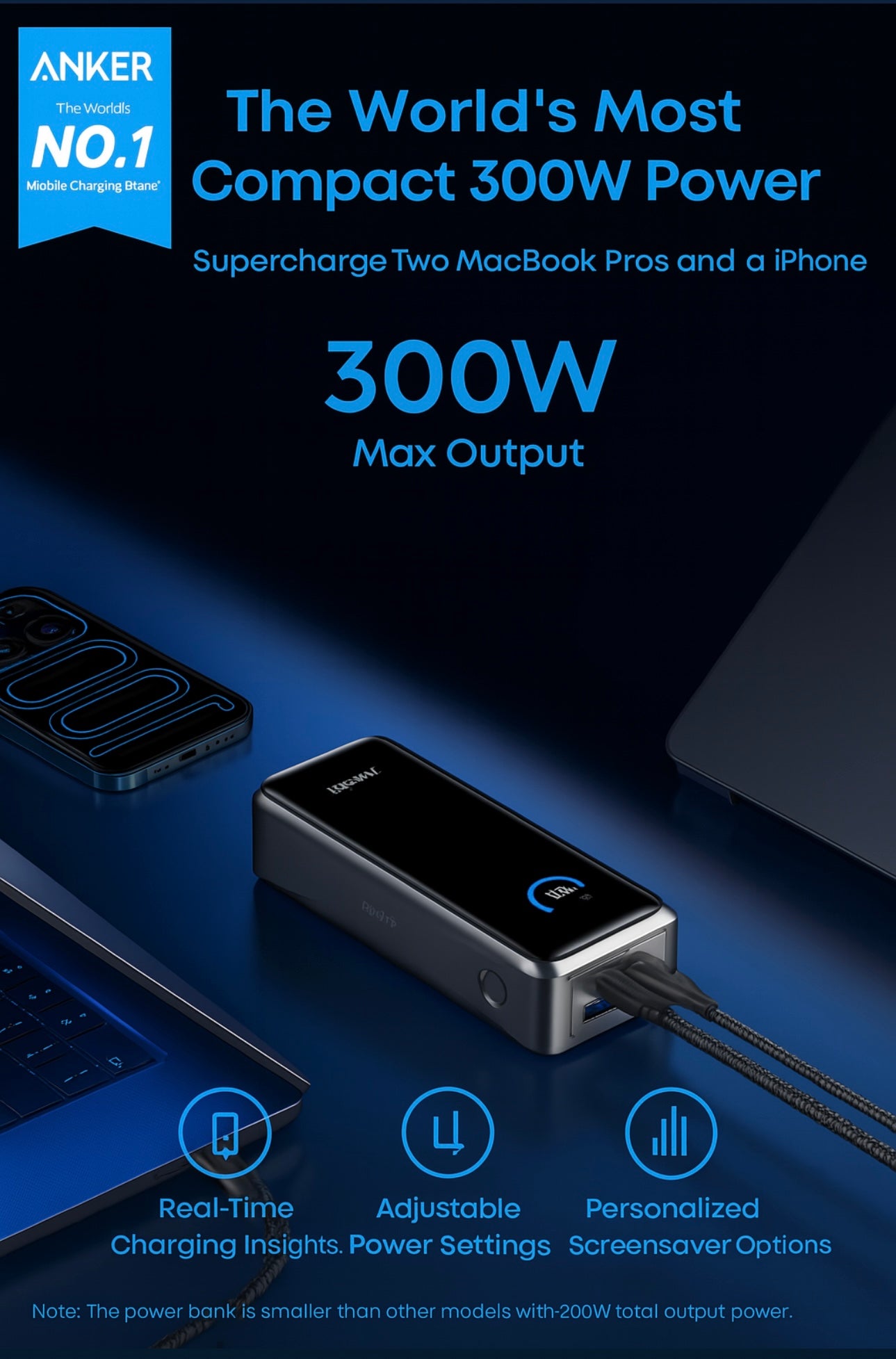 Anker Prime 26250mAh Power Bank, 300W 3-Port Portable Charger, TSA-Approved, App-Controlled USB-C PD for MacBook