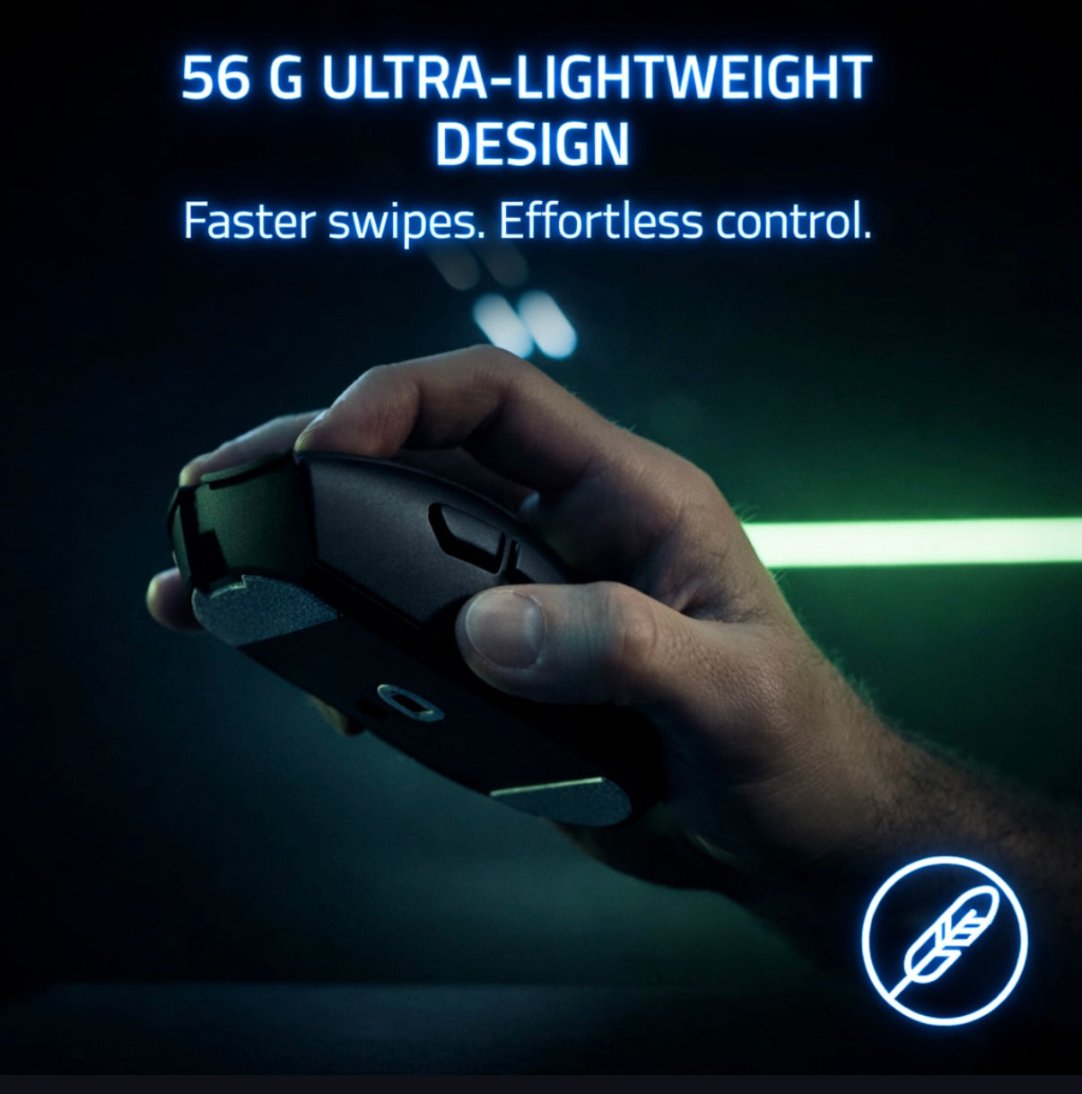 Black Hand holding a gaming mouse with text about ultra-lightweight design and control.