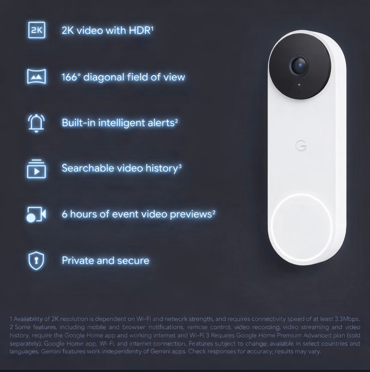 Google Nest Doorbell Wired 3rd Gen – 2K Gemini AI Security Camera