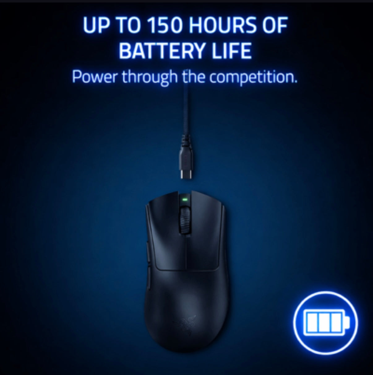Black gaming mouse with battery icon and text on a dark blue background