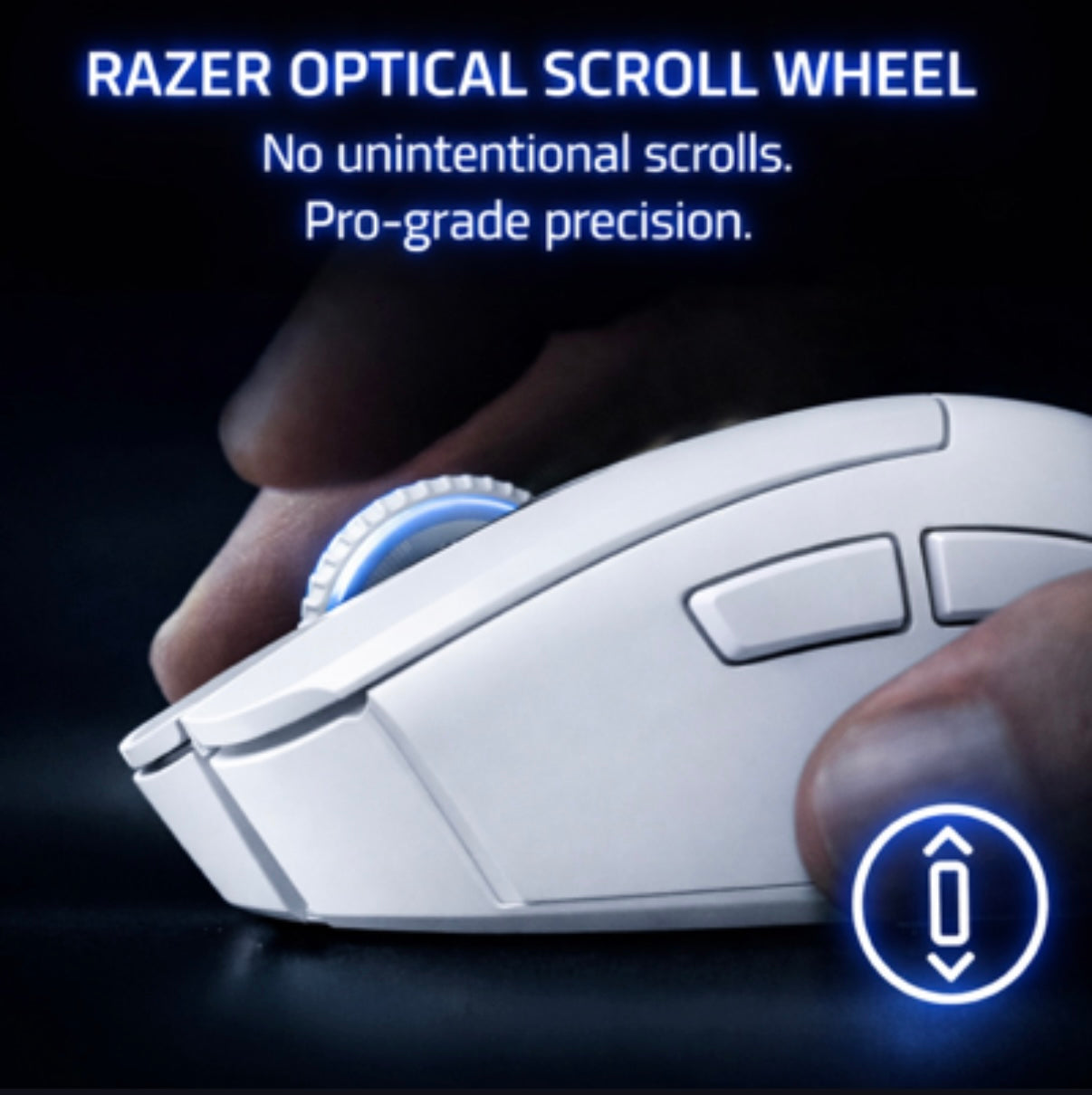 White Razer gaming mouse with a hand using it, emphasizing Razer optical scroll wheel technology.