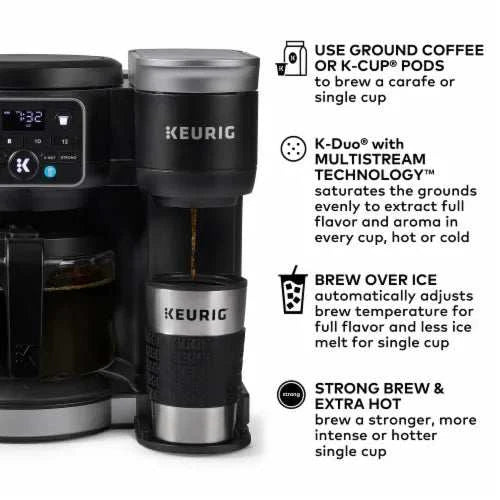 Keurig K-Duo Coffee Maker features single serve and carafe options, strong brew, and uses ground coffee or K-Cup pods.