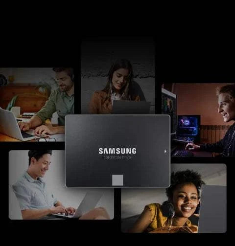 Samsung 870 EVO 250GB SSD featured with users engaging in computing, gaming, and content creation.
