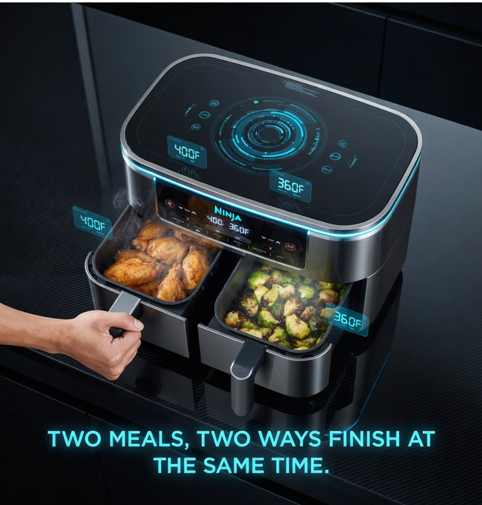 Ninja Foodi DZ201 DualZone 8QT 2‑Basket Air Fryer – 6‑in‑1 with Smart Finish & Match Cook, Roast, Broil, Dehydrate & More – Grey