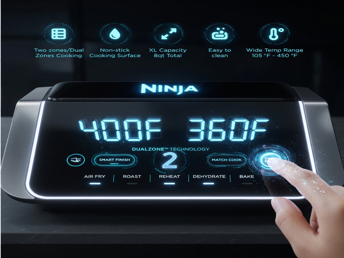 Ninja Foodi DZ201 DualZone 8QT 2‑Basket Air Fryer – 6‑in‑1 with Smart Finish & Match Cook, Roast, Broil, Dehydrate & More – Grey